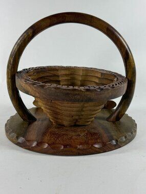 Hand-Carved Wooden Collapsible Basket Bowl With Handle 3D Floral Pattern Folding